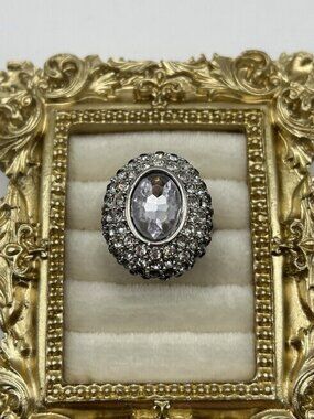 Scaasi Silver Tone Cocktail Ring Size 6 Clear Crystal Statement Dome Vntg Style